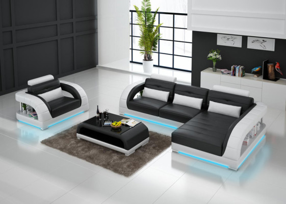 Leren bank Bank Woonlandschap Hoekbank + Fauteuil Nieuwe set Ontwerp