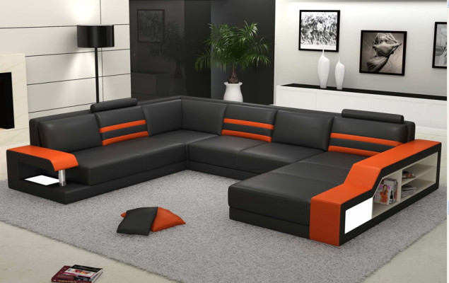 Designersofa hoekbank met USB, leren bankstel met bekleding en LED-verlichting.