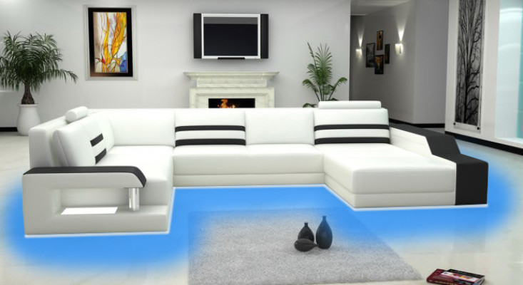 Designersofa hoekbank met USB, leren bankstel met bekleding en LED-verlichting.