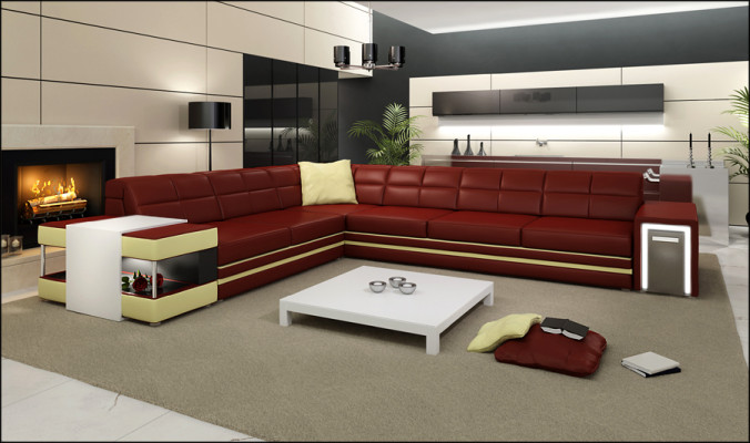 Designersofa Hoekbank Bank Leren Bank Bekleding Zitting Hoek Bankstel + Licht Nieuw PH3026