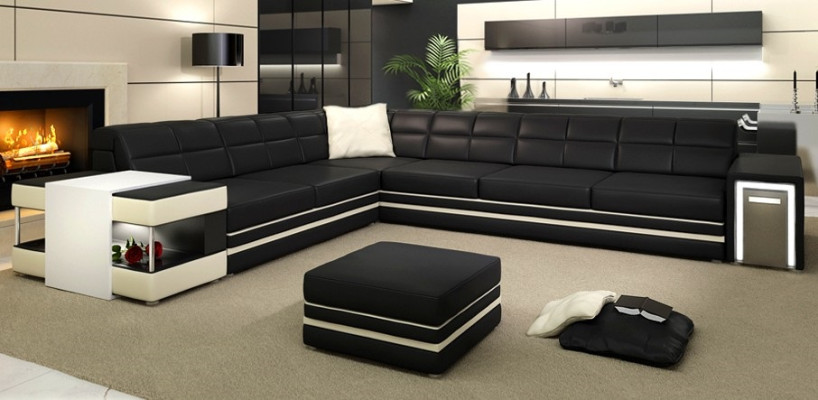 Designersofa Hoekbank Bank Leren Bank Bekleding Zitting Hoek Bankstel + Licht Nieuw PH3026