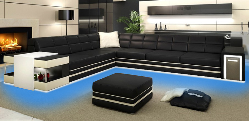 Designersofa Hoekbank Bank Leren Bank Bekleding Zitting Hoek Bankstel + Licht Nieuw PH3026