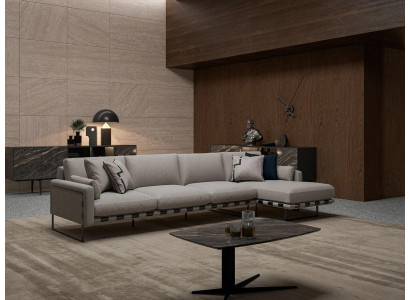 Woonkamer gestoffeerde textiel hoekbank L-vorm inrichting luxe designmeubelen