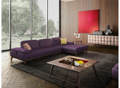 Paarse hoekbank L-vormige woonkamer luxe salontafel inrichting nieuwe set meubels