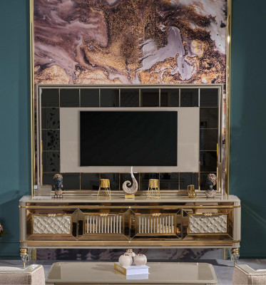 Muur naar de woonkamer tv-standaard TV-standaard in luxe premium design van roestvrij staal.