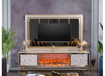 Decoratieve open haard woonkamerwand tv-meubel in een elegant premium roestvrijstalen ontwerp.