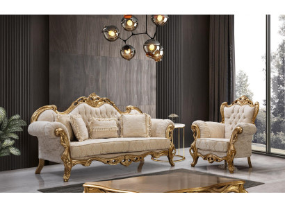 Chesterfieldbank en fauteuil in beige in hoogwaardig luxueus design