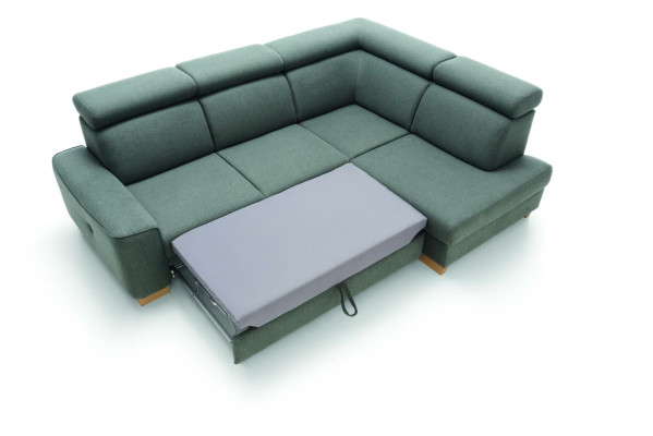 Moderne hoekbank met stoffen bekleding, slaapbank, bank bestellen, bekleding.