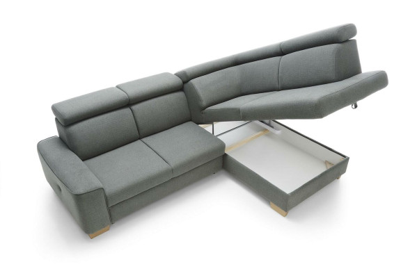 Moderne hoekbank met stoffen bekleding, slaapbank, bank bestellen, bekleding.