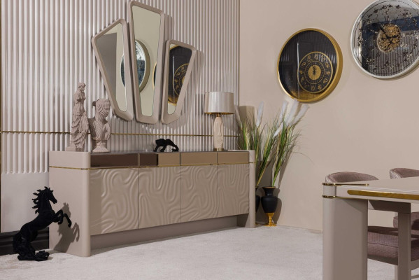 Luxe eetkamerset Eettafel + 6x stoelen Dressoir met 3x spiegels Eetgroepen