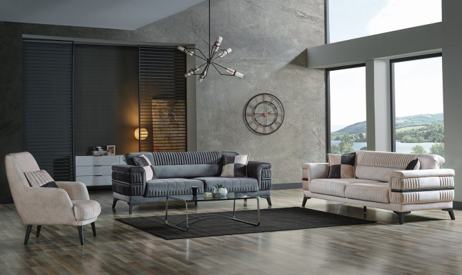 Bankstel 3+3+1 hout luxe woonkamer moderne stoffen nieuw compleet