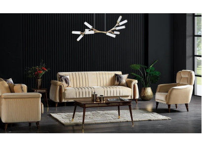 Sofaset 3+3+1 Zits Woonkamerset Compleet Textiel Bank Fauteuil Hout Beige