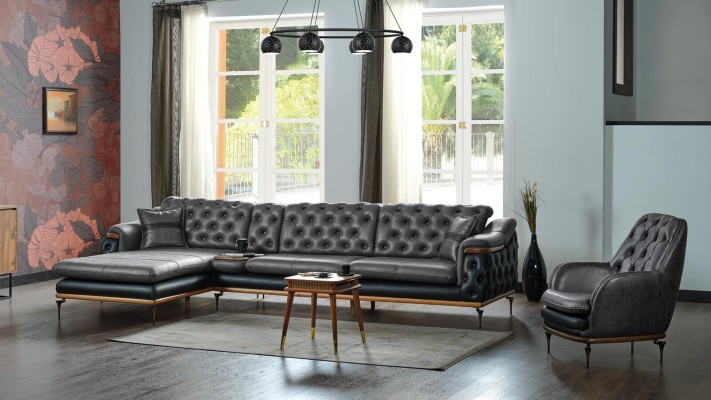 Zwart woonkamer set hoekbank L-vorm fauteuil modern Chesterfield compleet