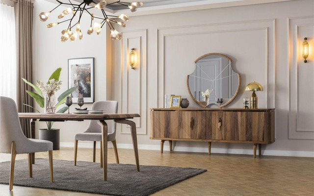 Eettafel + 6 stoelen + dressoir + spiegel eetkamerset eetgroep groepstafel