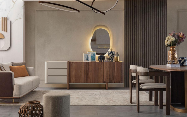 Luxe eetkamerset Eettafel + 6x stoelen + dressoir + spiegel 9 delig Modern