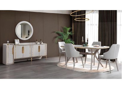 Tafel 6x stoelen dressoir met spiegel 8-delige eetkamerset meubels