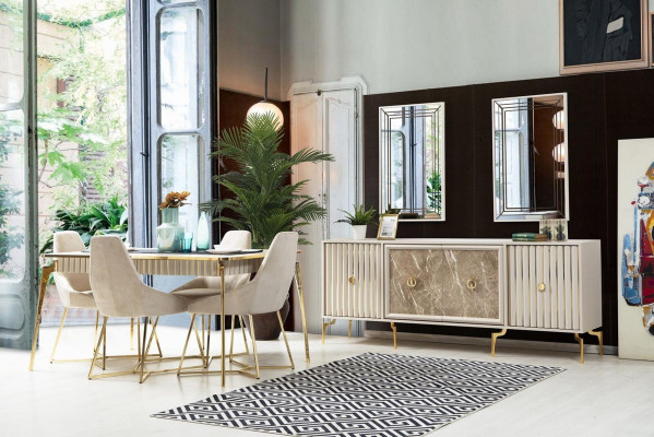 Gouden eetkamerset luxe set eettafel met stoelen designmeubelen.
