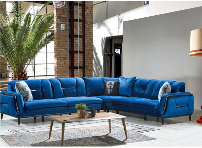 Blauwe L-vormige gestoffeerde bank Designer hoekbank Textielbekleding Woonmeubels
