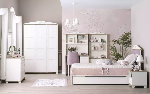 Compleet kinderbed kindermeubels kinderkamer bed hout roze set 8-delig