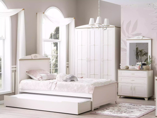 Houten bed, functioneel bed, uitschuifbaar kinderbed, bed 120 hout wit nieuw