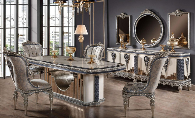 Grijze eetkamerset, klassieke eetkamermeubels, eettafel, dressoir, nieuw