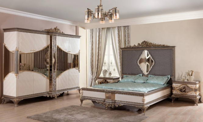 Wit-gouden slaapkamerset tweepersoonsbed 2x nachtkastjes kast set bed
