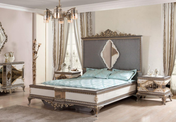 Klassieke grijze slaapkamer luxe set tweepersoonsbed 2x nachtkastjes