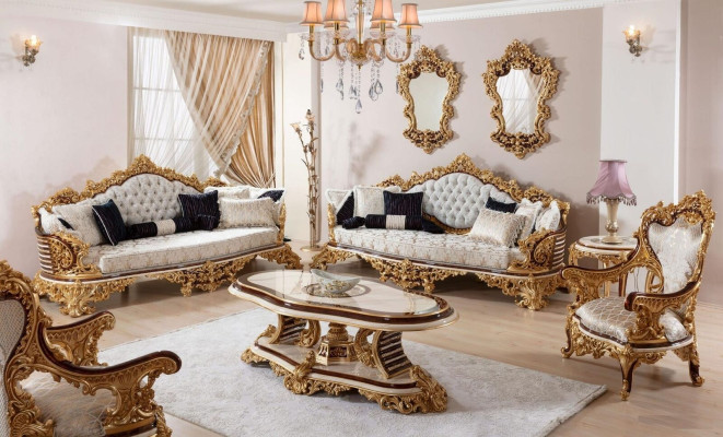 Klassieke witte Chesterfield bankstel 3+3+1 zits salontafel 4-delig