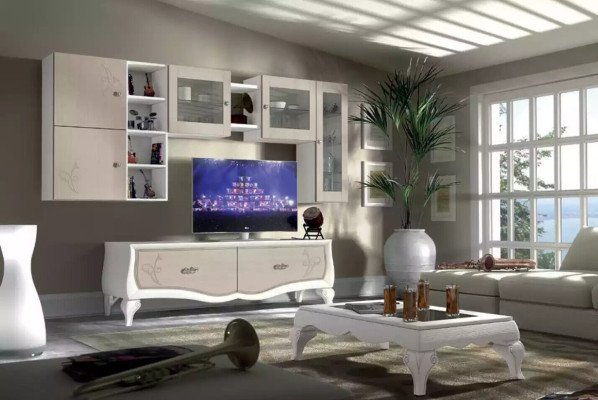 Woonkamer luxe set met vitrine, TV-meubel en wandplank, 5 delig. Nieuw.