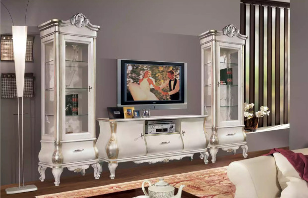 Klassieke witte woonwand met tv-standaard 2x vitrines Elegant set 3-delige kast