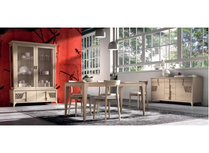Garnituur set Tafel 4x Stoelen Beige Vitrine set Eetgroep 7-delig Eetkamer