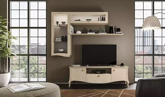 Luxe tv-stand woonkamer tv Lowboard wandplanken Beige woonwand Nieuw