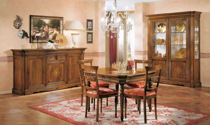 Eettafel 4x stoelen eetzaal set 7 delig. Tafel stoel vitrine hout