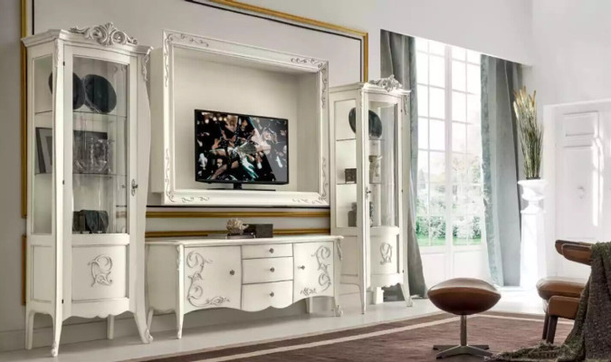 Klassieke stijl Witte woonkamer tv-meubel 2x vitrine TV-frame groep Nieuw