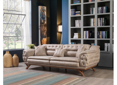 Chesterfield 3-zits Beige Design Banken Gestoffeerde Bankstellen Textiel Bank
