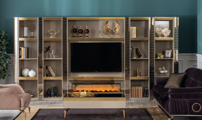 Woonkamer muur houten luxe set nieuwe stijl modern luxueus beige