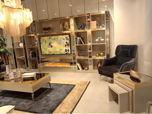 Woonkamer muur houten luxe set nieuwe stijl modern luxueus beige