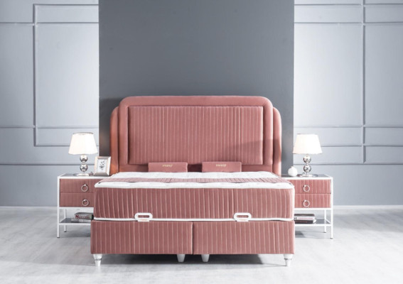 Slaapkamer Set Roze Metalen Bed Stijl 2x Nachtkastjes Modern Nieuw 3-delig.