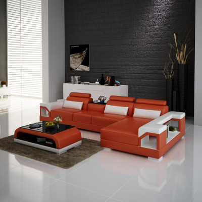 Hoekbank van leer met USB in modern design, L-vormige woonset.