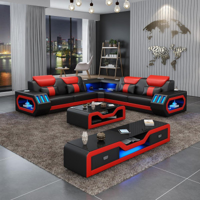 Hoekbank L-vorm Salontafel Bank Bank Ontwerp Bekleding Leer Modern Blauw Tafel Nieuw