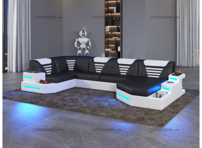 Eckbank Sofa Bank Bekleding Hoek Lederen Bankstellen Woonlandschap U Vorm + LED