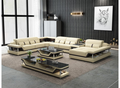 Hoekbank beige met salontafel 2-delige woonkamer lederen bankstel hoekbank tafel