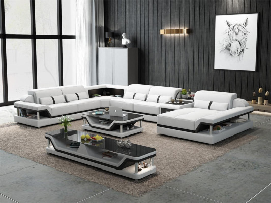 Hoekbank beige met salontafel 2-delige woonkamer lederen bankstel hoekbank tafel