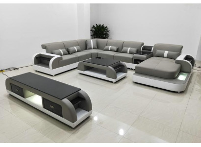 Garnituur Design Woonlandschap Hoekbank Bank U-vorm Salontafel Leer 2-delig