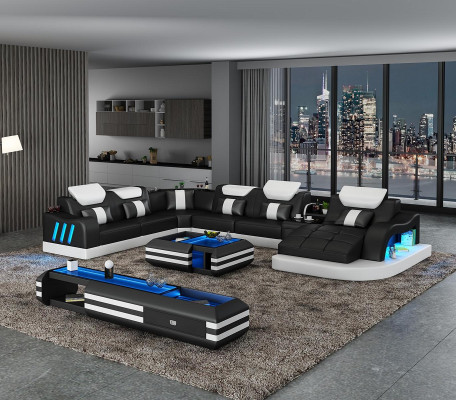 Hoekbank U-vorm Sideboard Salontafel Bank Ontwerp Grijs Bekleding Leer Modern 3-delig.