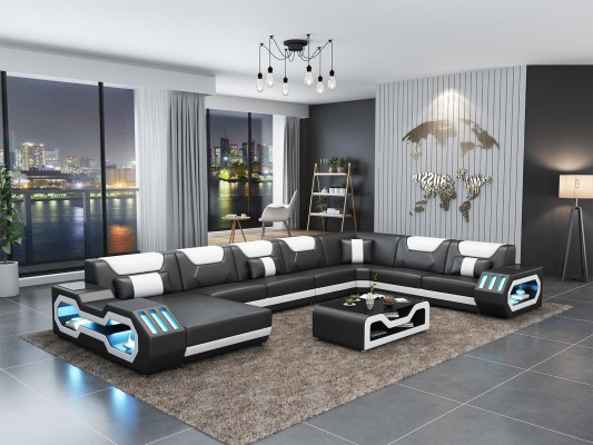 Hoekbank U-vorm Salontafel Bank Ontwerp Grijs Bekleding Leer Modern Woonlandschap