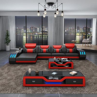 Woonlandschap L-vormige hoekbank + salontafel + dressoir Ontwerp woonlandschap