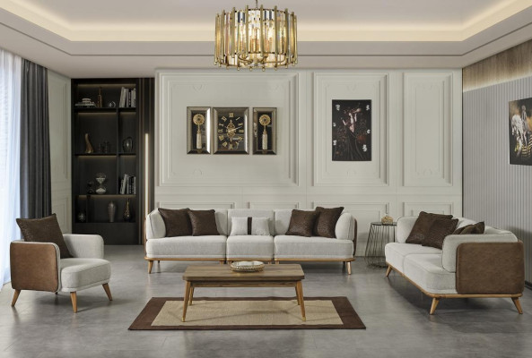 Bank 3-zits Grijs Elegant Modern Luxe Design Houten Meubels Bekleding Stof Nieuw