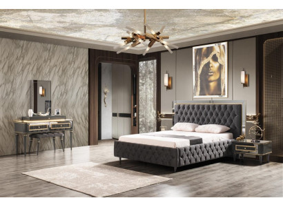 Luxe Chesterfield bed met roestvrijstalen frame. Luxe bedden. Zwarte stof.