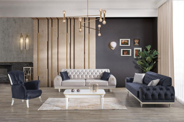 Woonkamer meubels banken bank Chesterfield fauteuil salontafel 3-delig stof